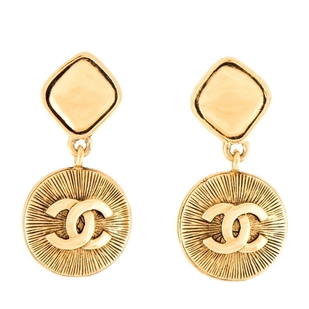 Chanel Vintage Gold Embossed CC Drop Clip-On Earrings